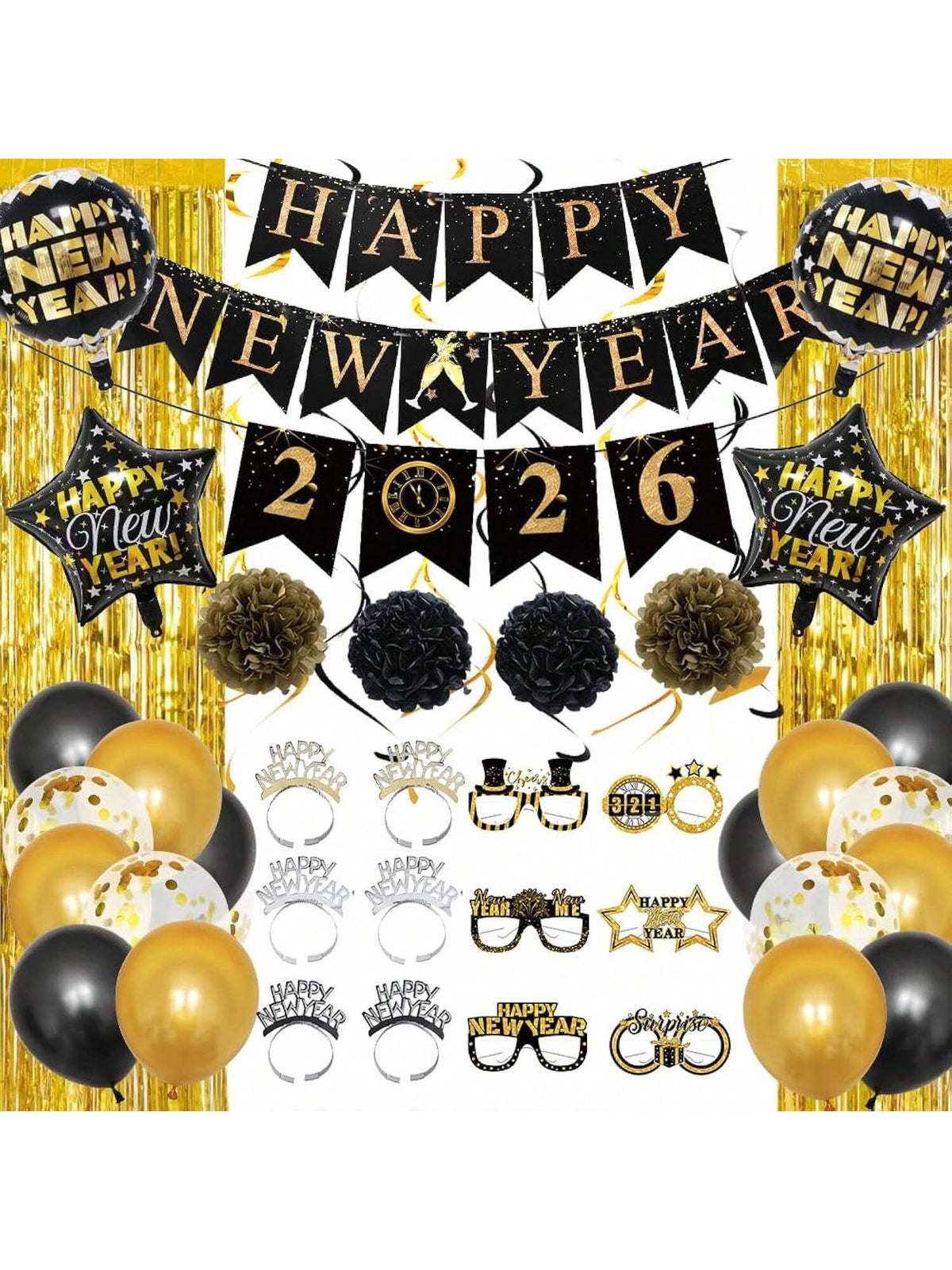 2026 New Year Decorations Black and Gold Banner Balloons and Backdrop