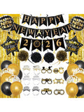 2026 New Year Decorations Black and Gold Banner Balloons and Backdrop