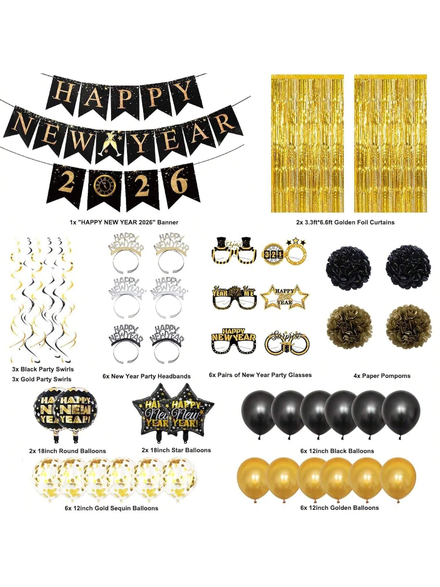 2026 New Year Decorations Black and Gold Banner Balloons and Backdrop