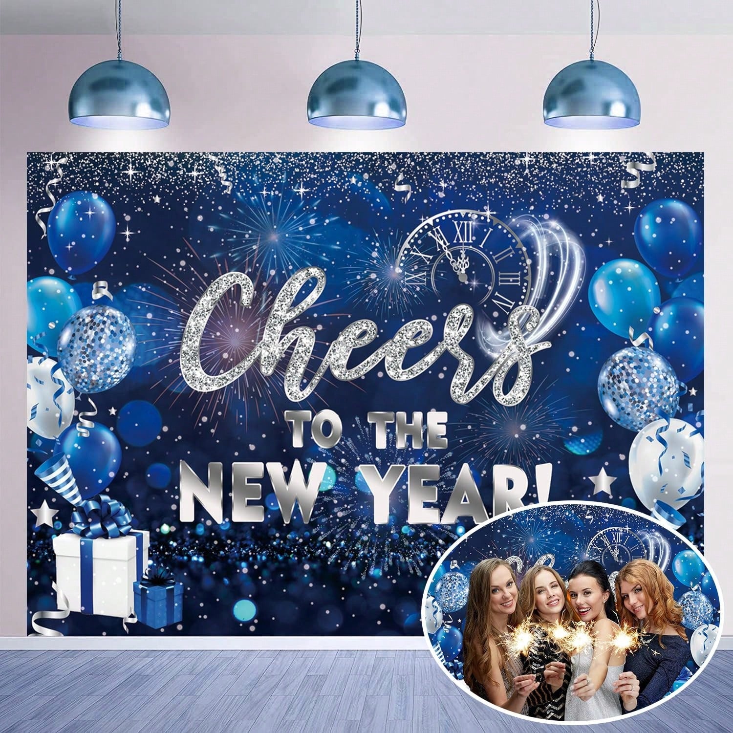 6x4ft Blue Happy New Year 2026 Backdrop with Cheers Banner for Party & Photos