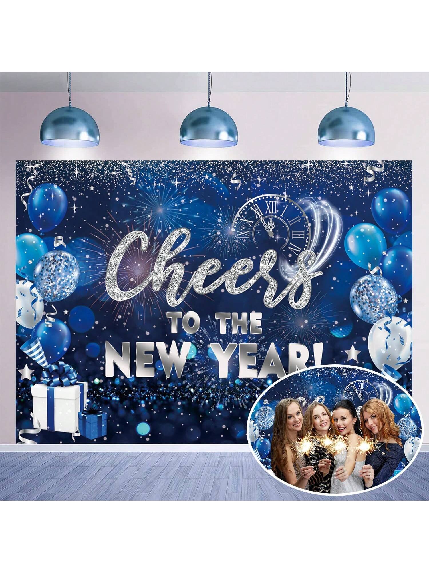 6x4ft Blue Happy New Year 2026 Backdrop with Cheers Banner for Party & Photos