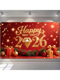 2026 Happy New Year Backdrop with Gold Diamond Glitter on Red Gift Boxes 71x43in