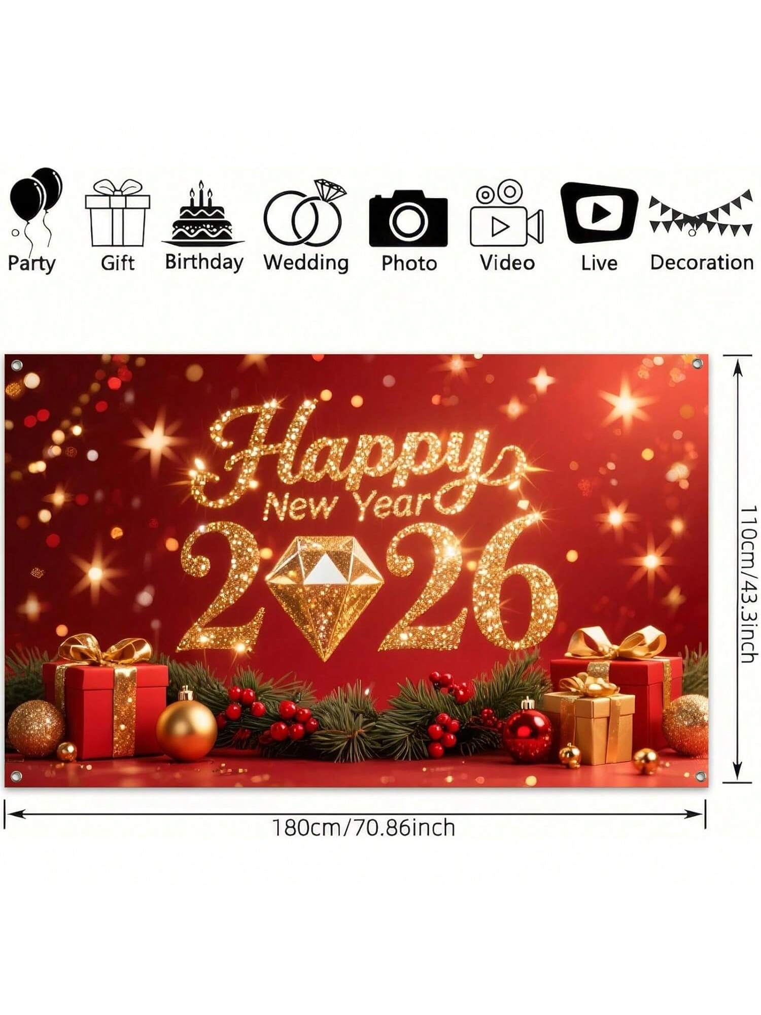 2026 Happy New Year Backdrop with Gold Diamond Glitter on Red Gift Boxes 71x43in