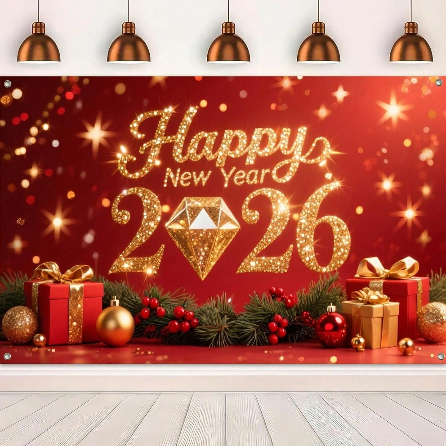 2026 Happy New Year Backdrop with Gold Diamond Glitter on Red Gift Boxes 71x43in