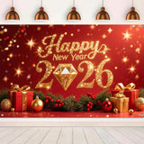 2026 Happy New Year Backdrop with Gold Diamond Glitter on Red Gift Boxes 71x43in