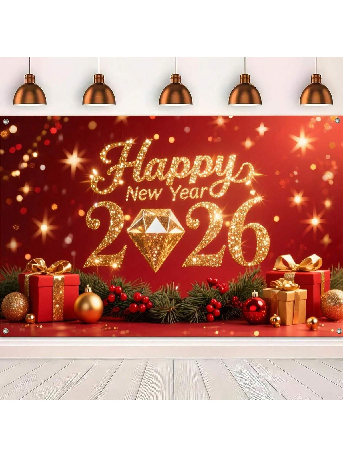 2026 Happy New Year Backdrop with Gold Diamond Glitter on Red Gift Boxes 71x43in