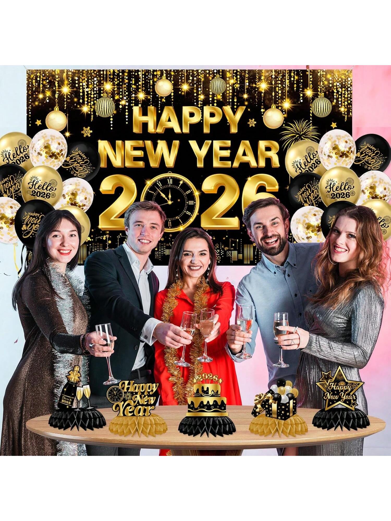 2026 New Year's Eve Decorations In Gold And Black With Backdrop, Door Banner, Hanging Swirls, Honeycomb And Balloons For Festive Party Décor-