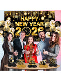2026 New Year's Eve Decorations In Gold And Black With Backdrop, Door Banner, Hanging Swirls, Honeycomb And Balloons For Festive Party Décor-