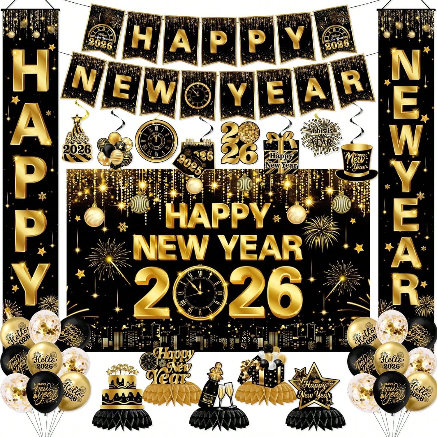 2026 New Year's Eve Decorations In Gold And Black With Backdrop, Door Banner, Hanging Swirls, Honeycomb And Balloons For Festive Party Décor-