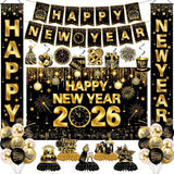 2026 New Year's Eve Decorations In Gold And Black With Backdrop, Door Banner, Hanging Swirls, Honeycomb And Balloons For Festive Party Décor-