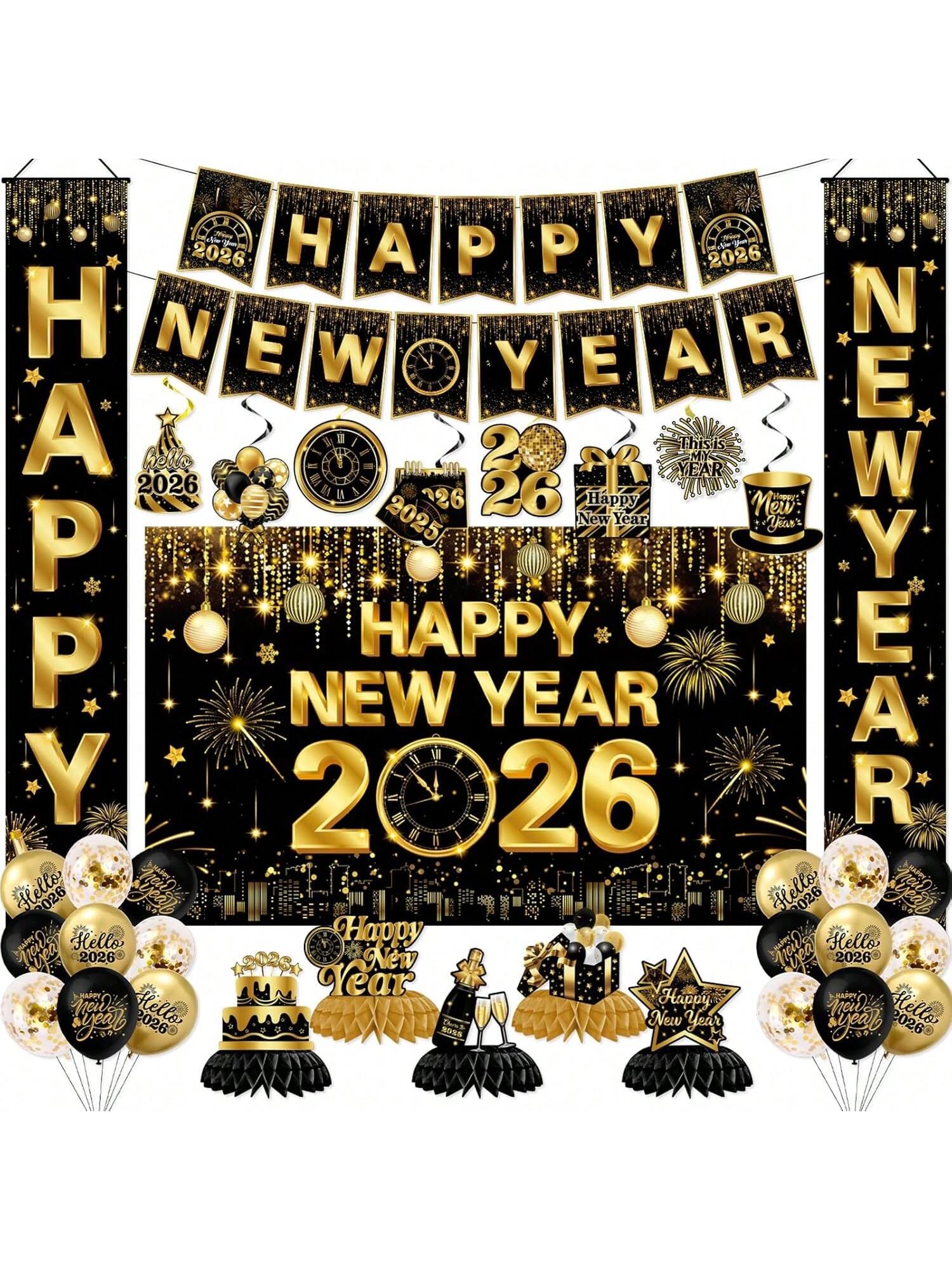 2026 New Year's Eve Decorations In Gold And Black With Backdrop, Door Banner, Hanging Swirls, Honeycomb And Balloons For Festive Party Décor-