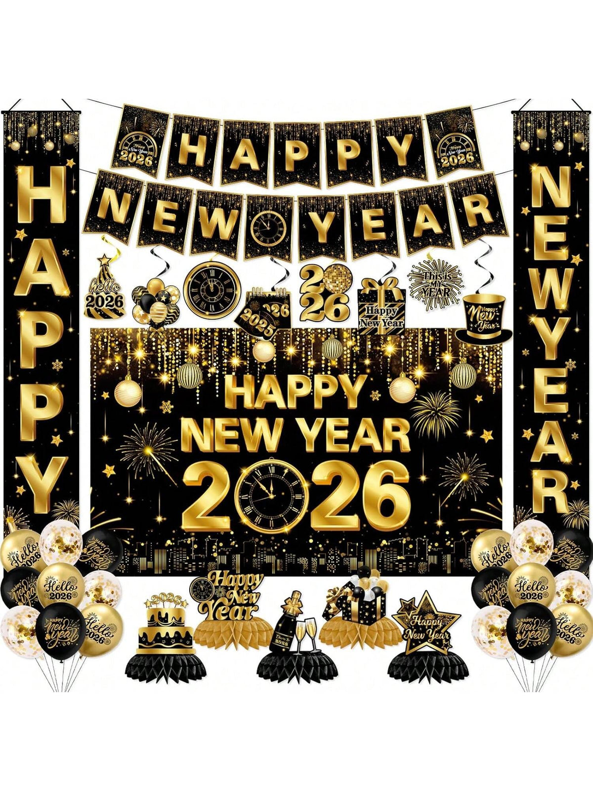 2026 New Year's Eve Decorations In Gold And Black With Backdrop, Door Banner, Hanging Swirls, Honeycomb And Balloons For Festive Party Décor-