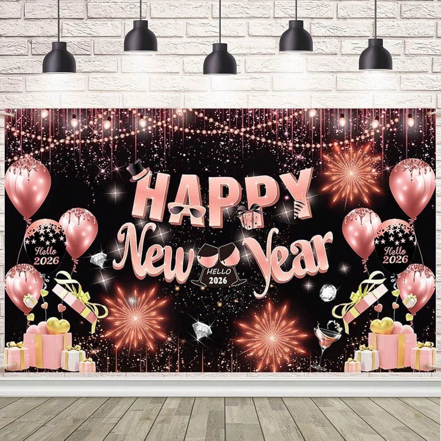 Pink 2026 Happy New Year Banner with Fireworks Design 70.8x43.3in for Party Decor
