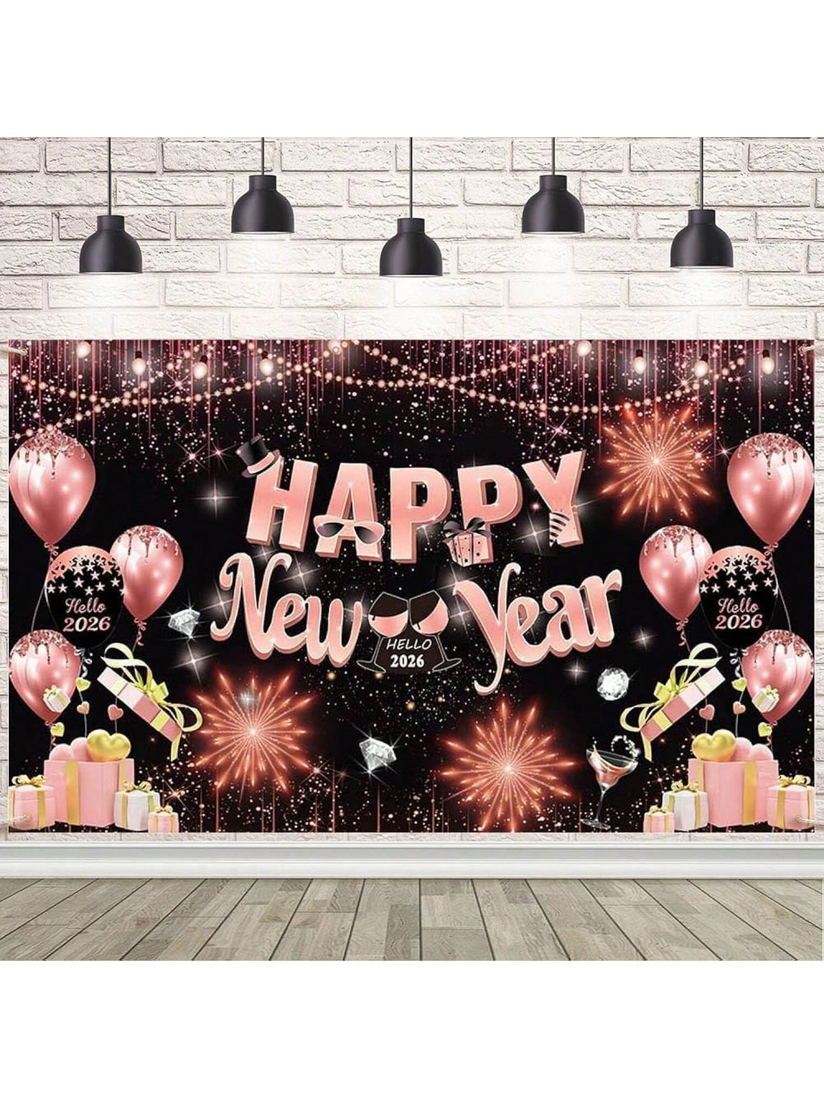 Pink 2026 Happy New Year Banner with Fireworks Design 70.8x43.3in for Party Decor