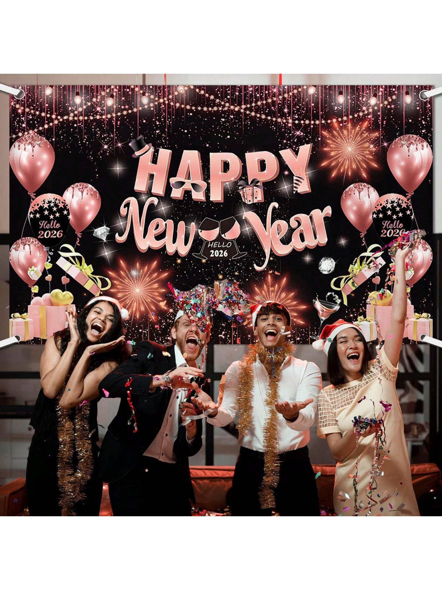 Pink 2026 Happy New Year Banner with Fireworks Design 70.8x43.3in for Party Decor