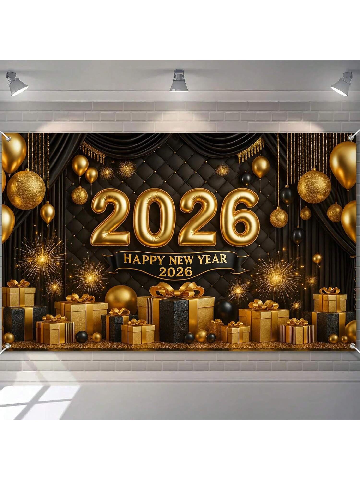 2026 Happy New Year Backdrop with Gold Black Balloons Fireworks and Gifts 71x43in