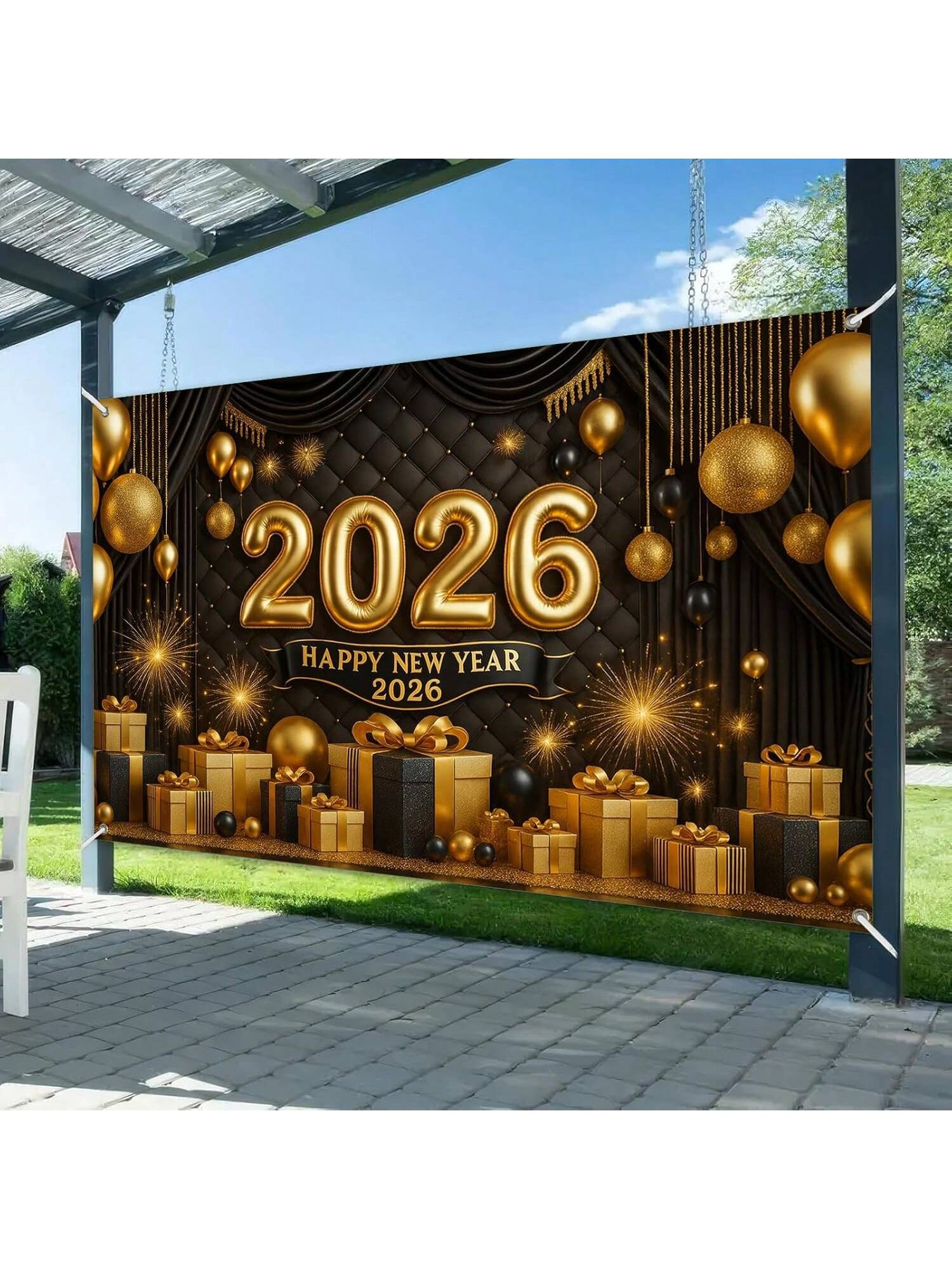 2026 Happy New Year Backdrop with Gold Black Balloons Fireworks and Gifts 71x43in