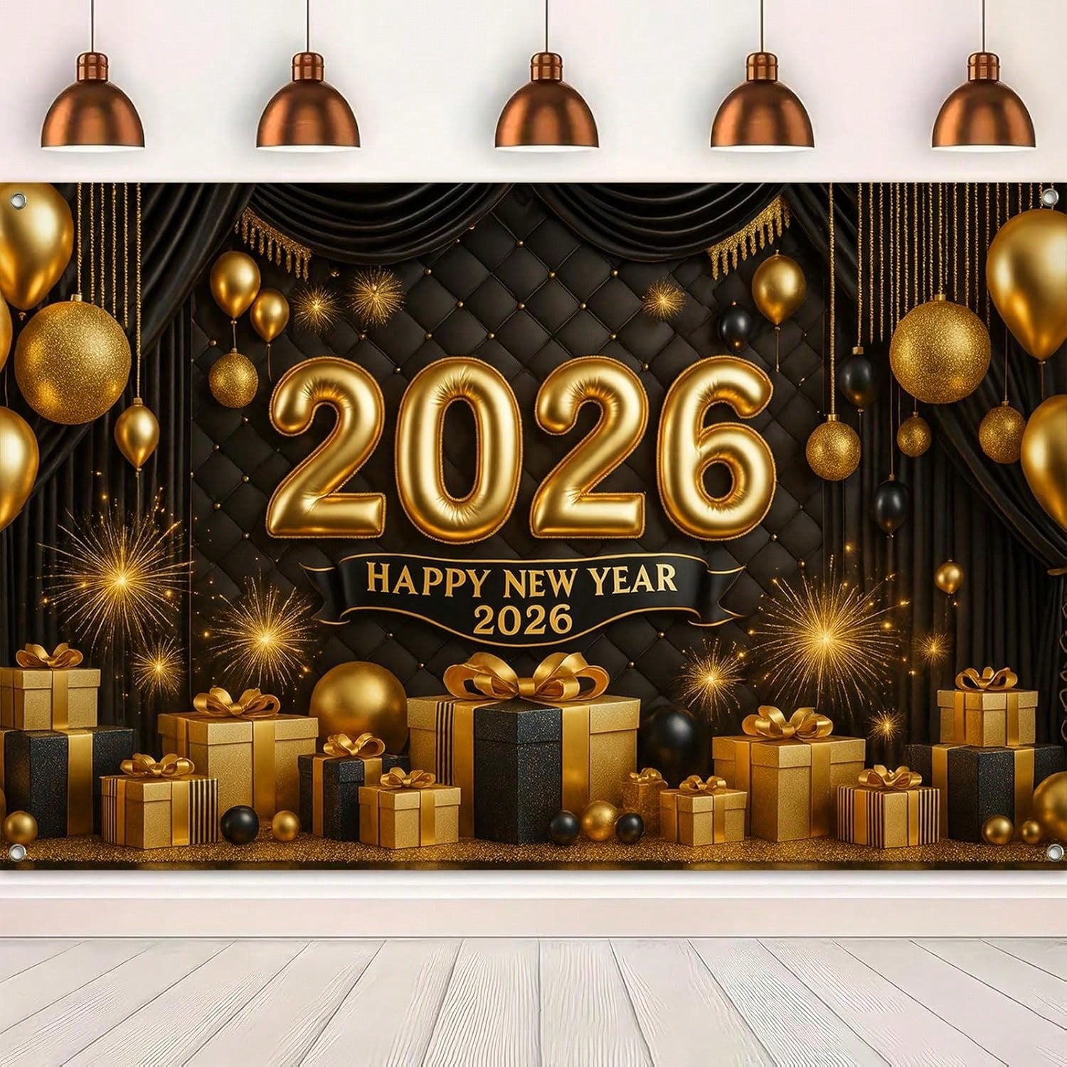 2026 Happy New Year Backdrop with Gold Black Balloons Fireworks and Gifts 71x43in