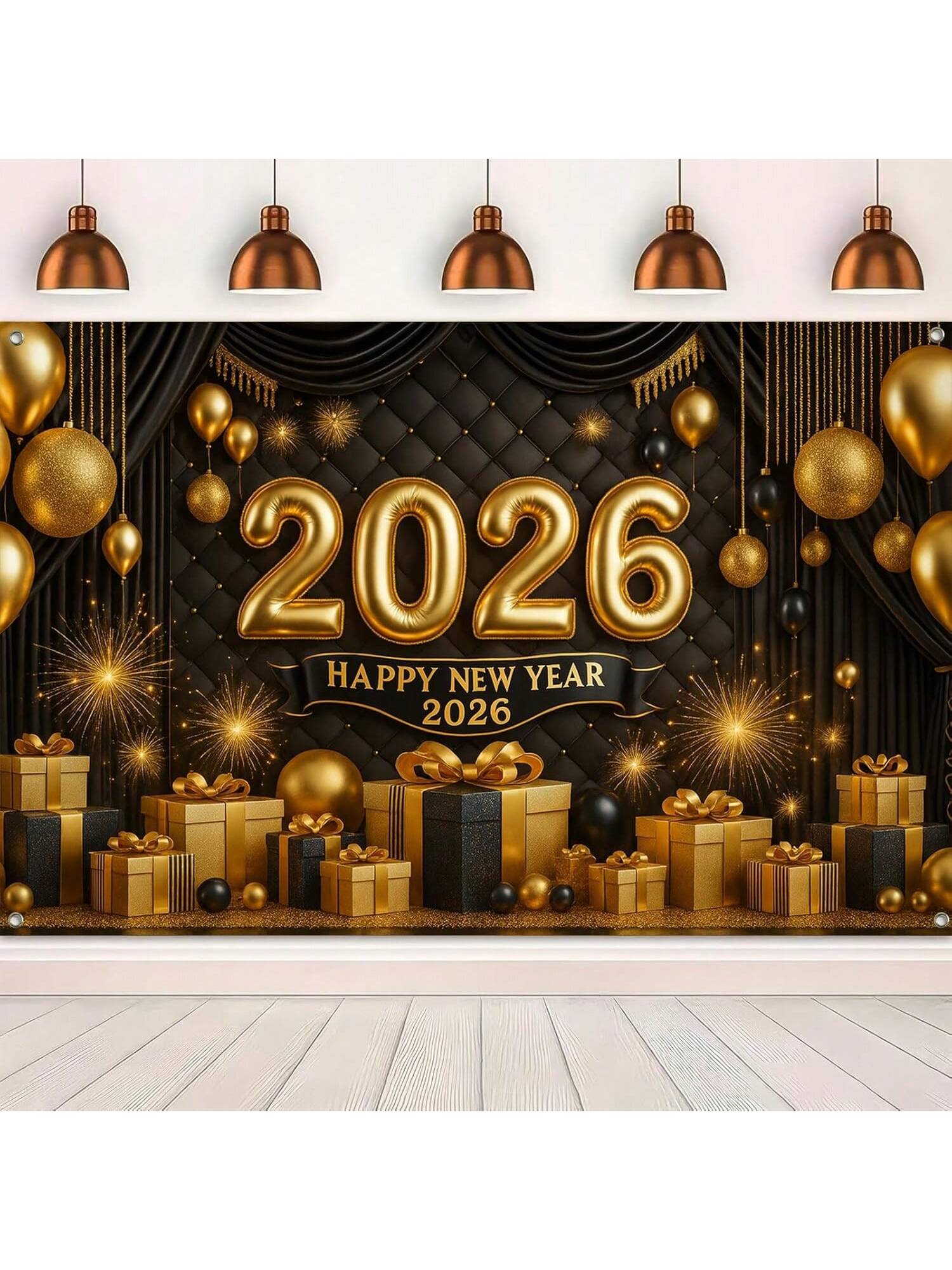 2026 Happy New Year Backdrop with Gold Black Balloons Fireworks and Gifts 71x43in