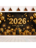 2026 Happy New Year Backdrop with Gold Black Balloons Fireworks and Gifts 71x43in