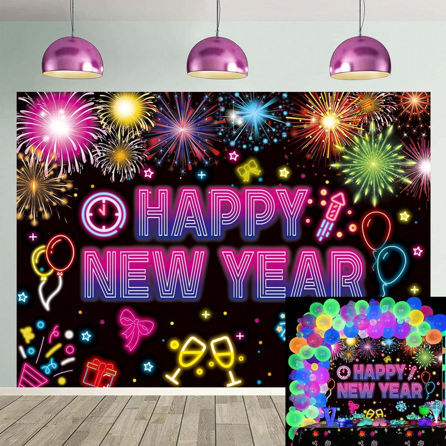 8x6FT 2026 Neon Happy New Year Banner Backdrop, Ideal For NYE Decorations, Glitter Party Themes, New Years Eve Photo Props And Celebration Supplies -