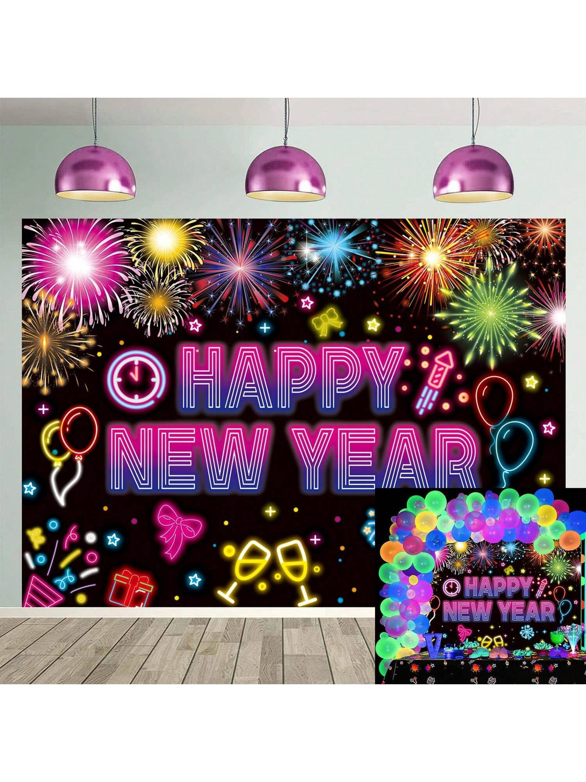 8x6FT 2026 Neon Happy New Year Banner Backdrop, Ideal For NYE Decorations, Glitter Party Themes, New Years Eve Photo Props And Celebration Supplies -