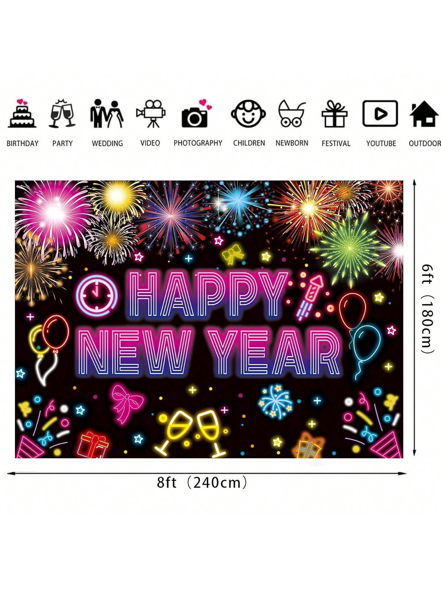 8x6FT 2026 Neon Happy New Year Banner Backdrop, Ideal For NYE Decorations, Glitter Party Themes, New Years Eve Photo Props And Celebration Supplies -