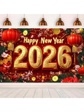 2026 Happy New Year Banner with Red Lanterns Gold Coins and Blossoms 71x43in