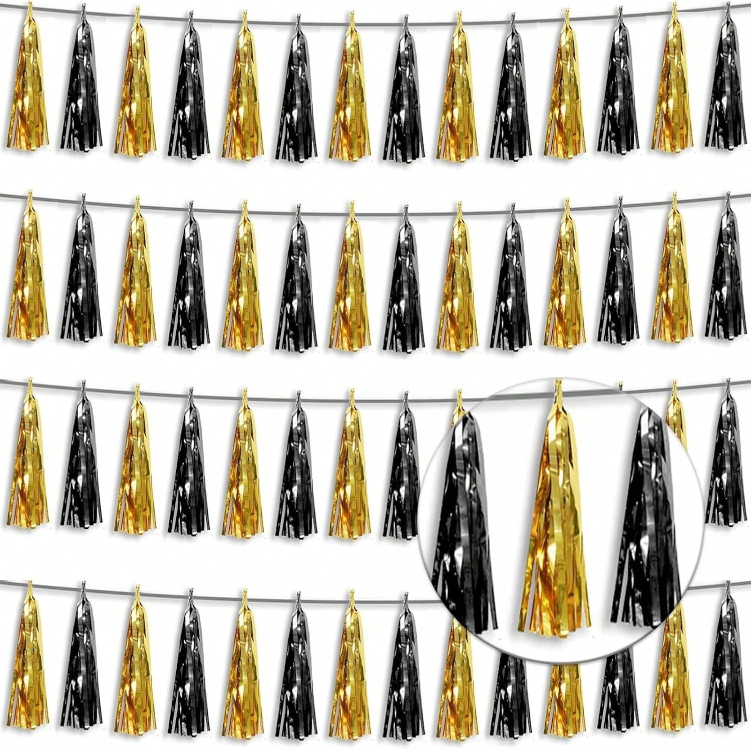 4-Piece Black and Gold Foil Tassel Garland with Metallic Streamers