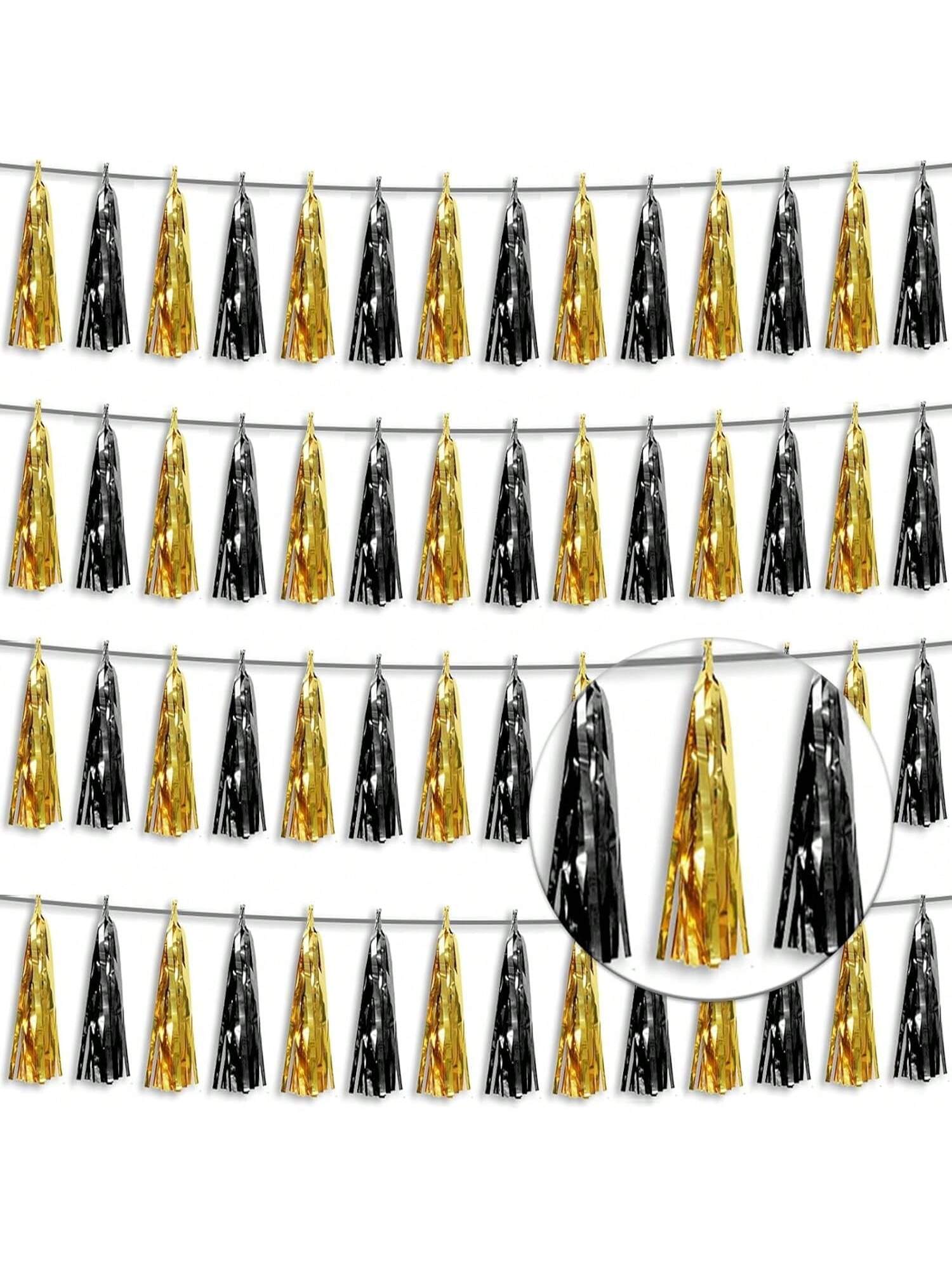 4-Piece Black and Gold Foil Tassel Garland with Metallic Streamers