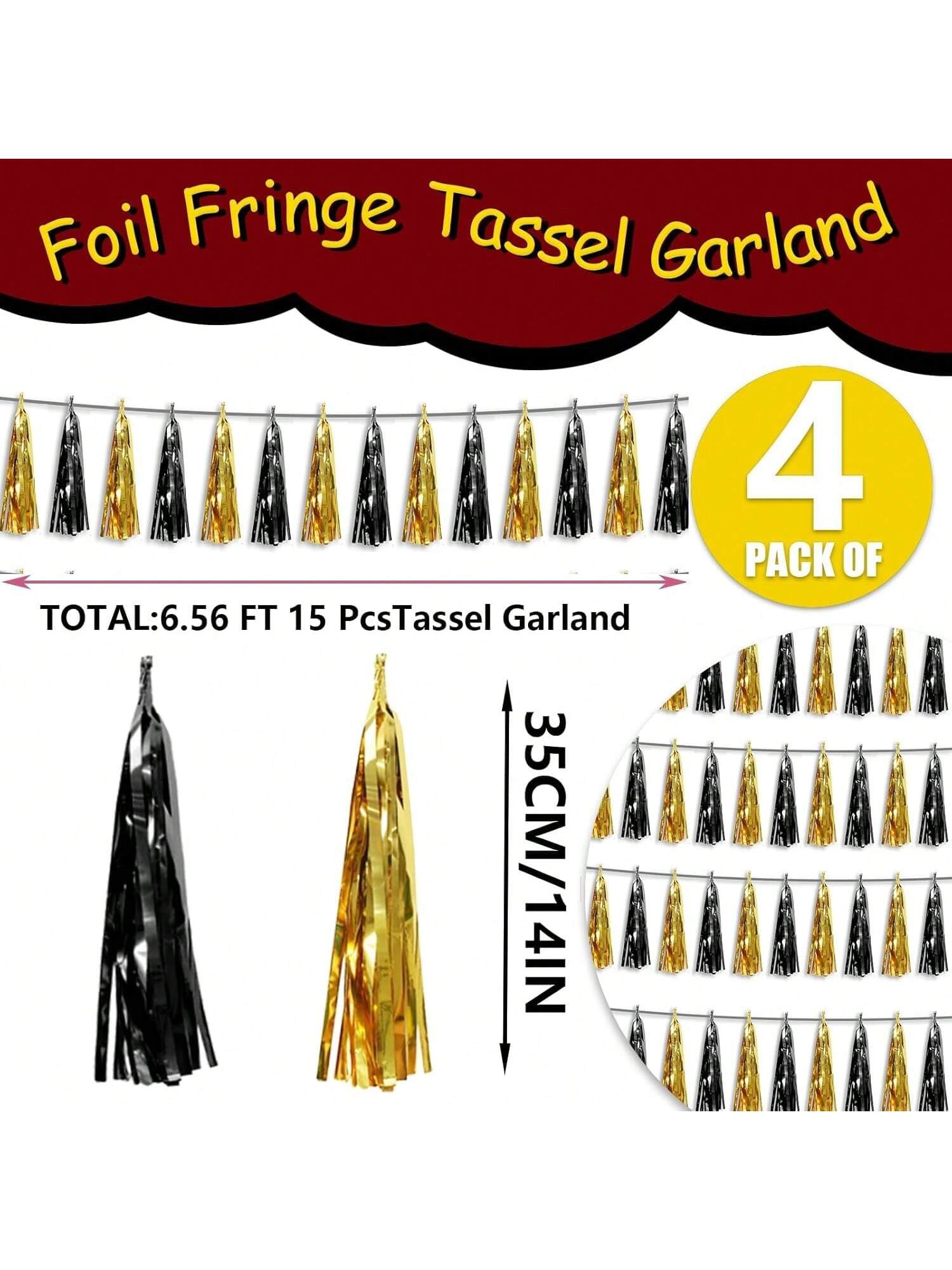 4-Piece Black and Gold Foil Tassel Garland with Metallic Streamers