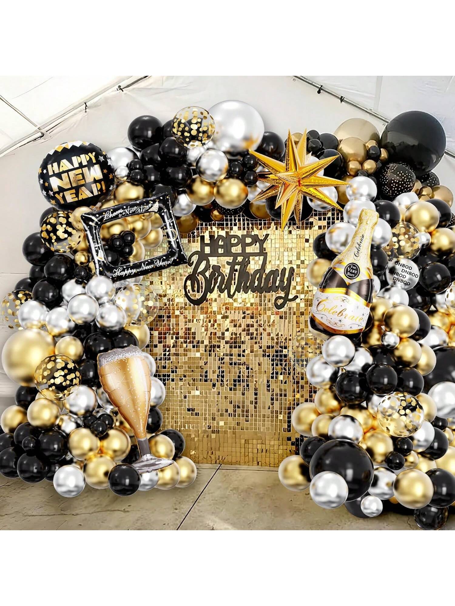 Happy New Year Balloon Garland 128 pcs Black Gold Silver with Foil Balloons