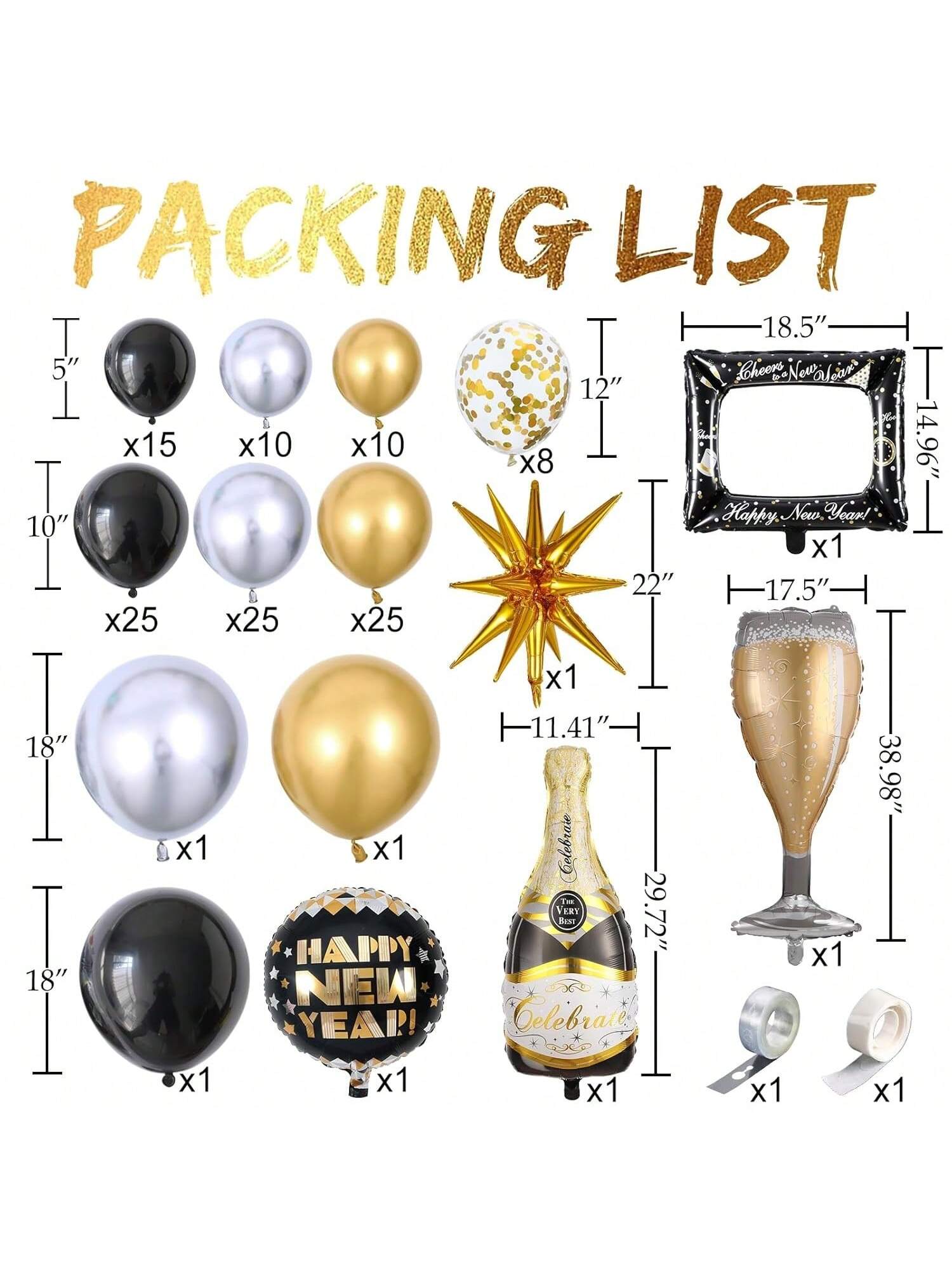 Happy New Year Balloon Garland 128 pcs Black Gold Silver with Foil Balloons