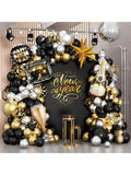 Happy New Year Balloon Garland 128 pcs Black Gold Silver with Foil Balloons
