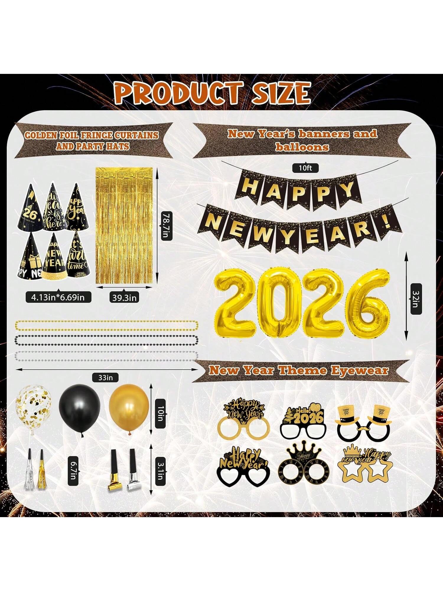 67-Piece 2026 New Year Decorations Kit With Foil Balloons, Banner, Hats, Photo Props, Necklaces, Glasses, And Gold Foil Curtains For NYE Party Supplies -