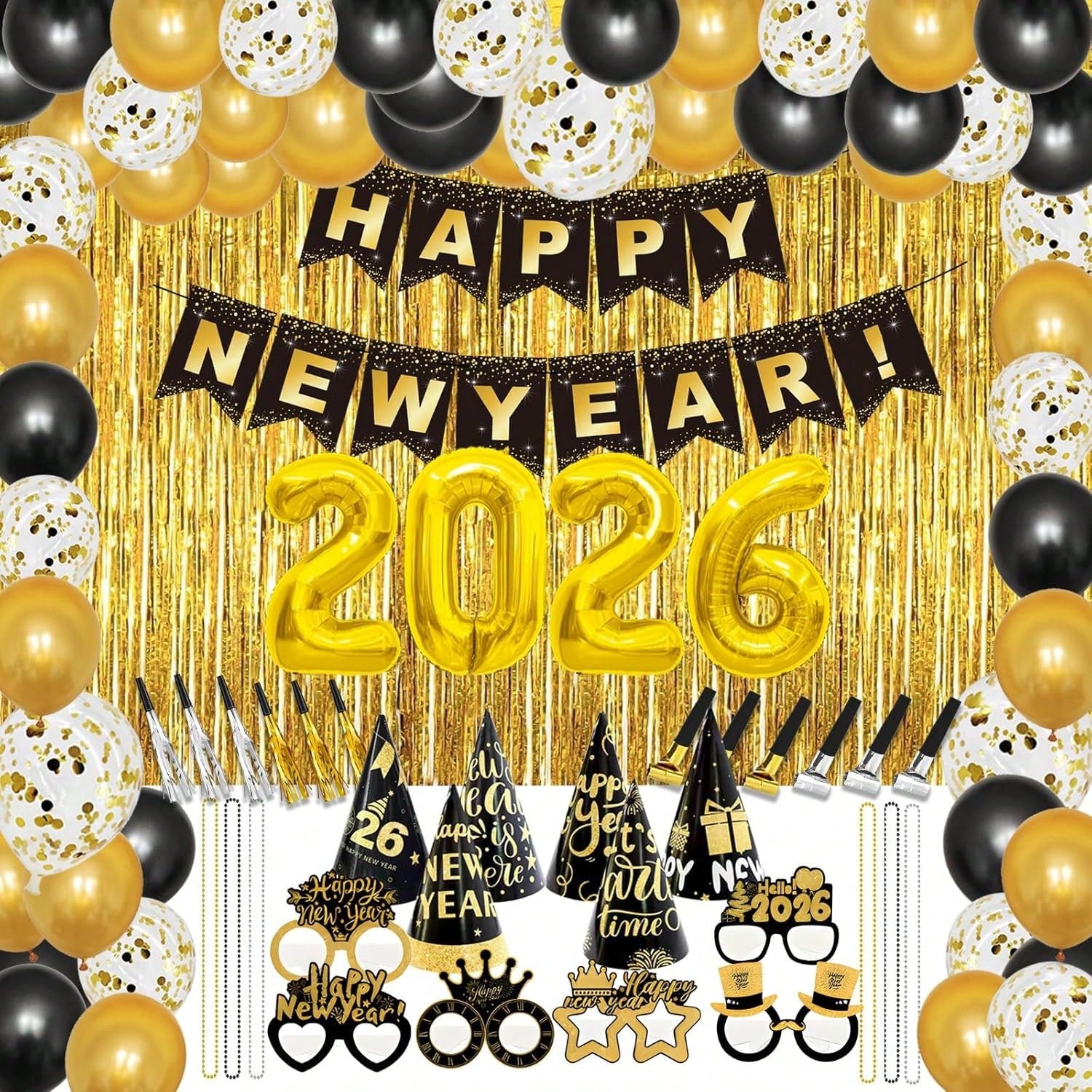 67-Piece 2026 New Year Decorations Kit With Foil Balloons, Banner, Hats, Photo Props, Necklaces, Glasses, And Gold Foil Curtains For NYE Party Supplies -