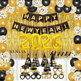 67-Piece 2026 New Year Decorations Kit With Foil Balloons, Banner, Hats, Photo Props, Necklaces, Glasses, And Gold Foil Curtains For NYE Party Supplies -
