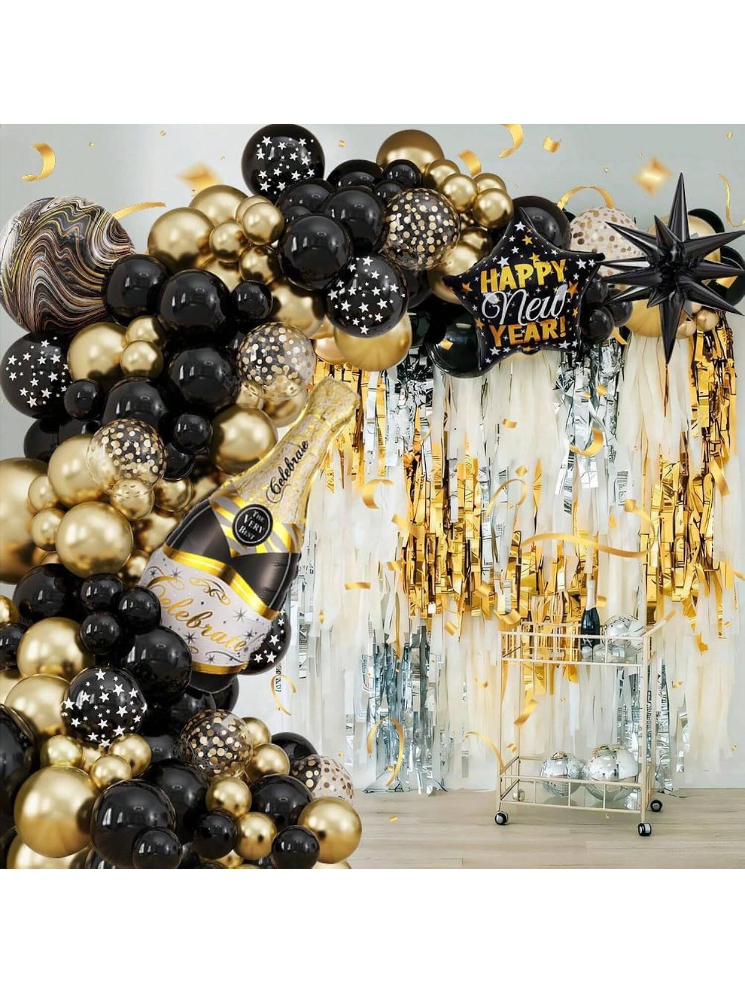 2026 New Year Balloon Garland 130 pcs Black Gold with Bottle Foil