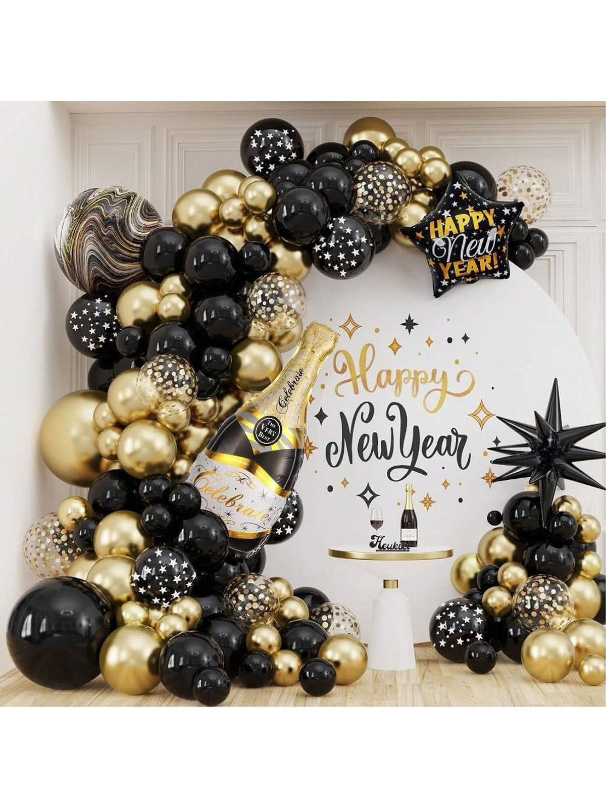 2026 New Year Balloon Garland 130 pcs Black Gold with Bottle Foil