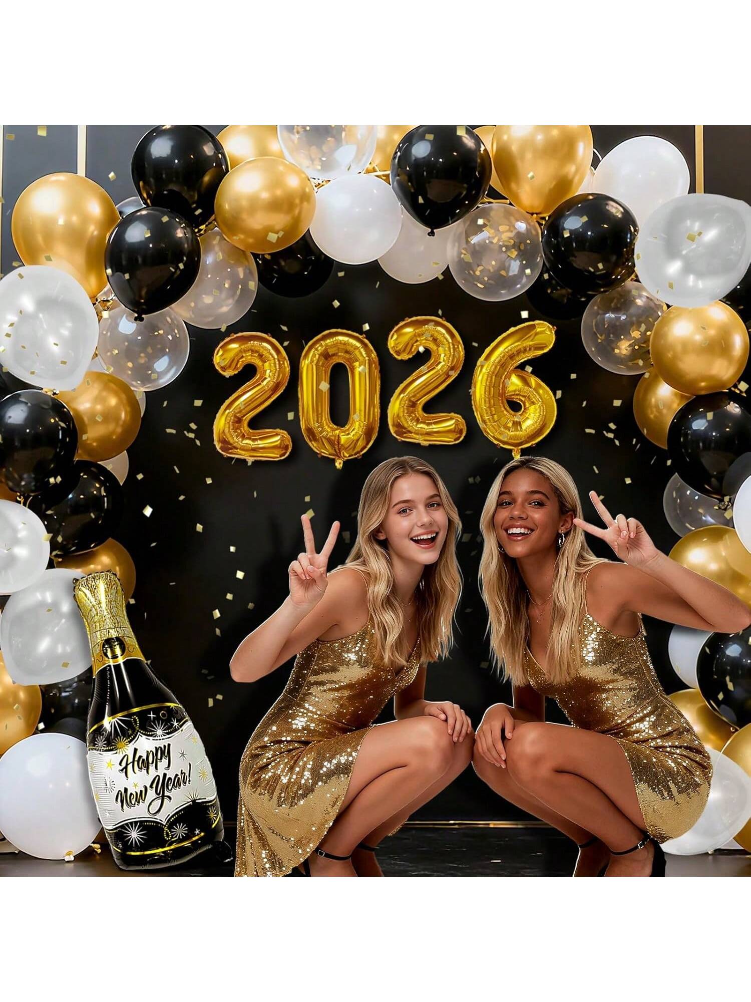 2026 NYE Party Supplies with 32 Inch Gold Balloons and Champagne Decor