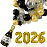 2026 NYE Party Supplies with 32 Inch Gold Balloons and Champagne Decor