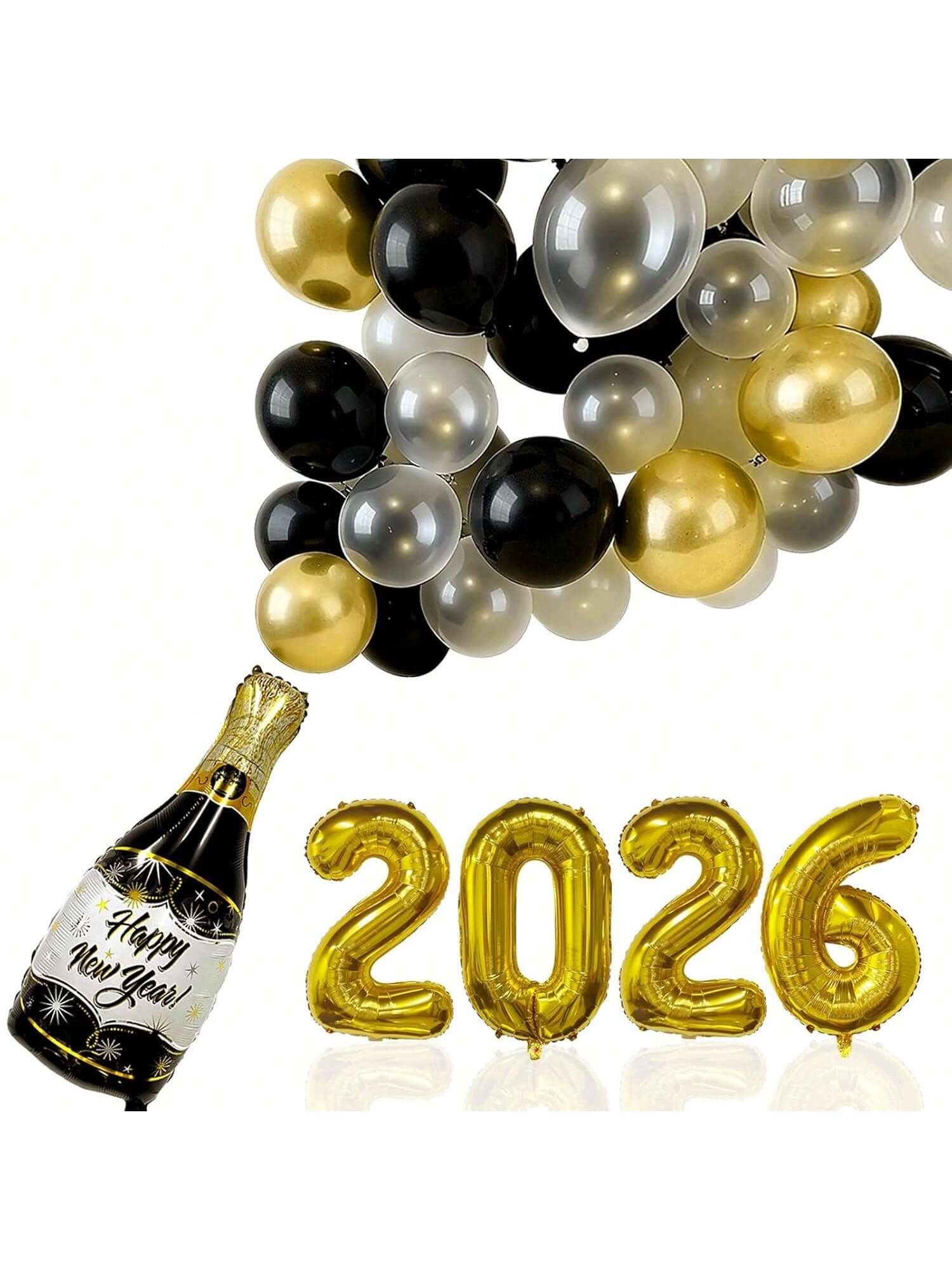 2026 NYE Party Supplies with 32 Inch Gold Balloons and Champagne Decor
