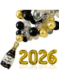 2026 NYE Party Supplies with 32 Inch Gold Balloons and Champagne Decor