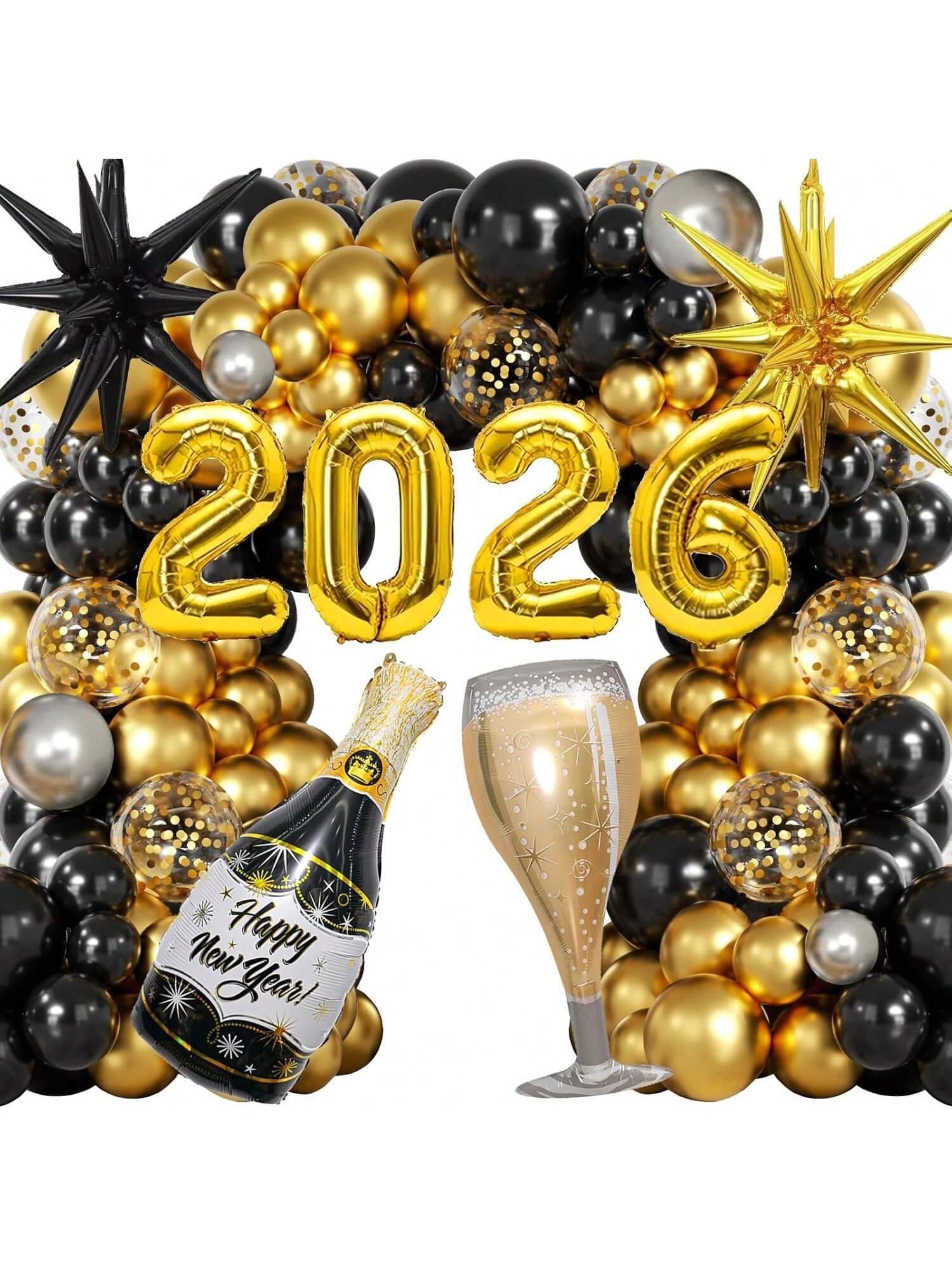 2026 New Year Balloons Black & Gold Foil Balloon for NYE Party Decor