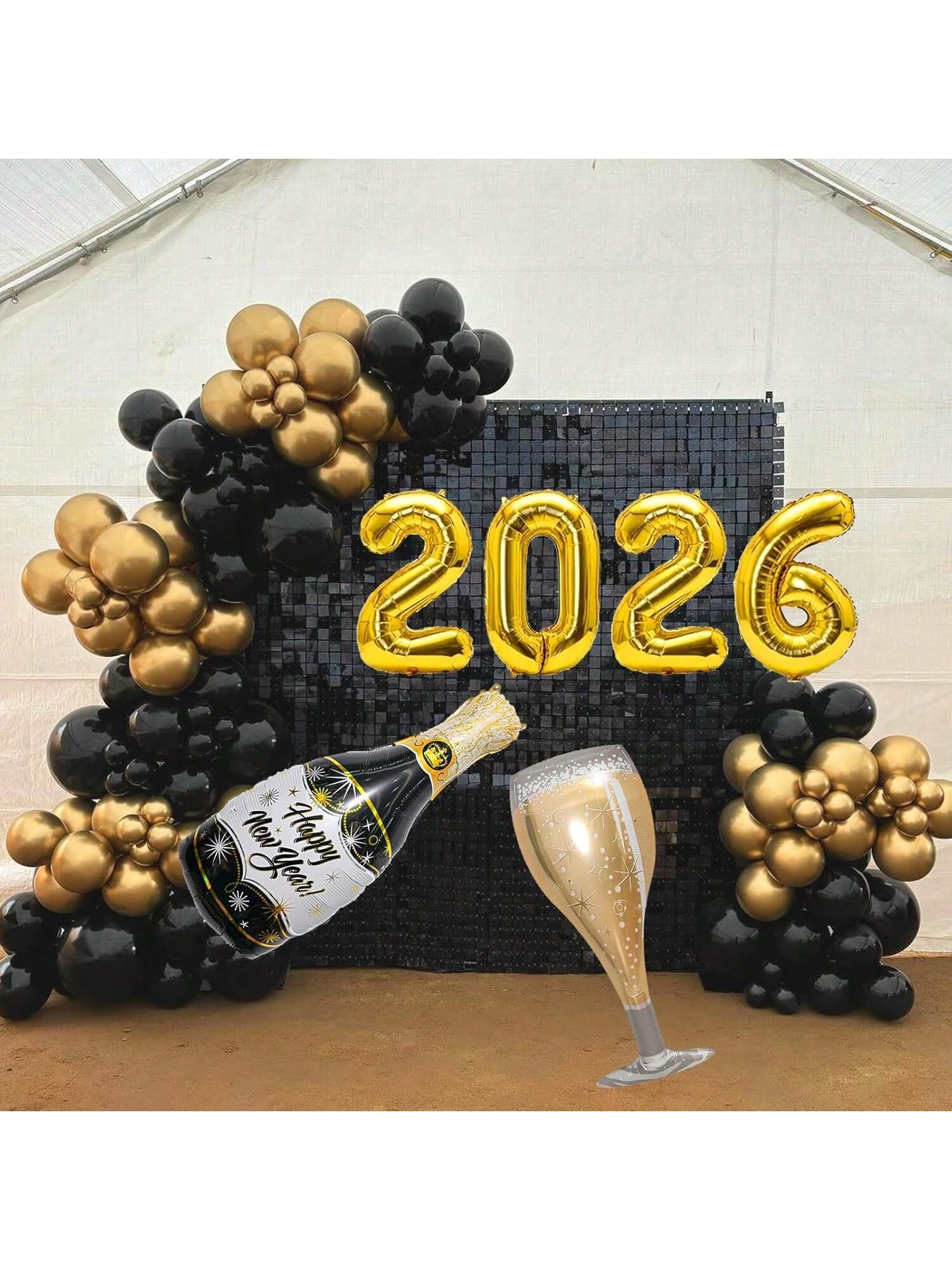 2026 New Year Balloons Black & Gold Foil Balloon for NYE Party Decor