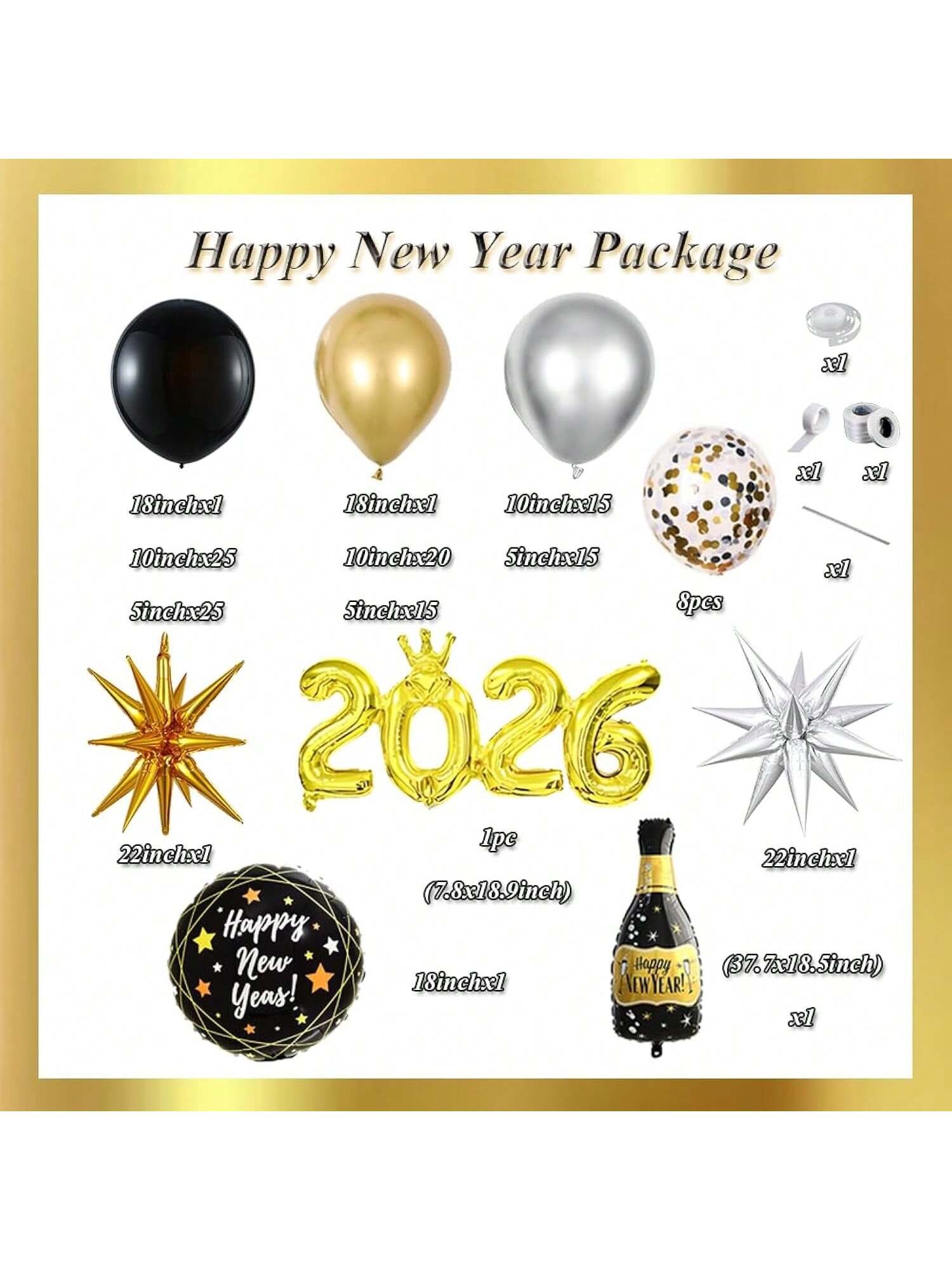 134-Piece New Year Balloon Arch Kit in Black Gold Silver with Foils