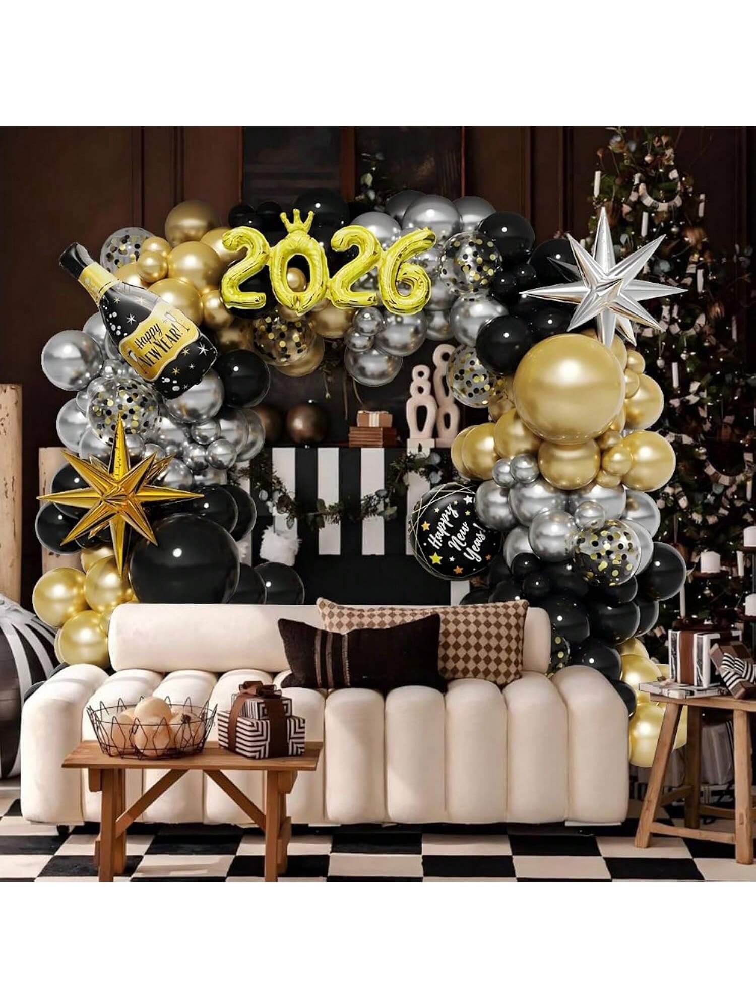 134-Piece New Year Balloon Arch Kit in Black Gold Silver with Foils