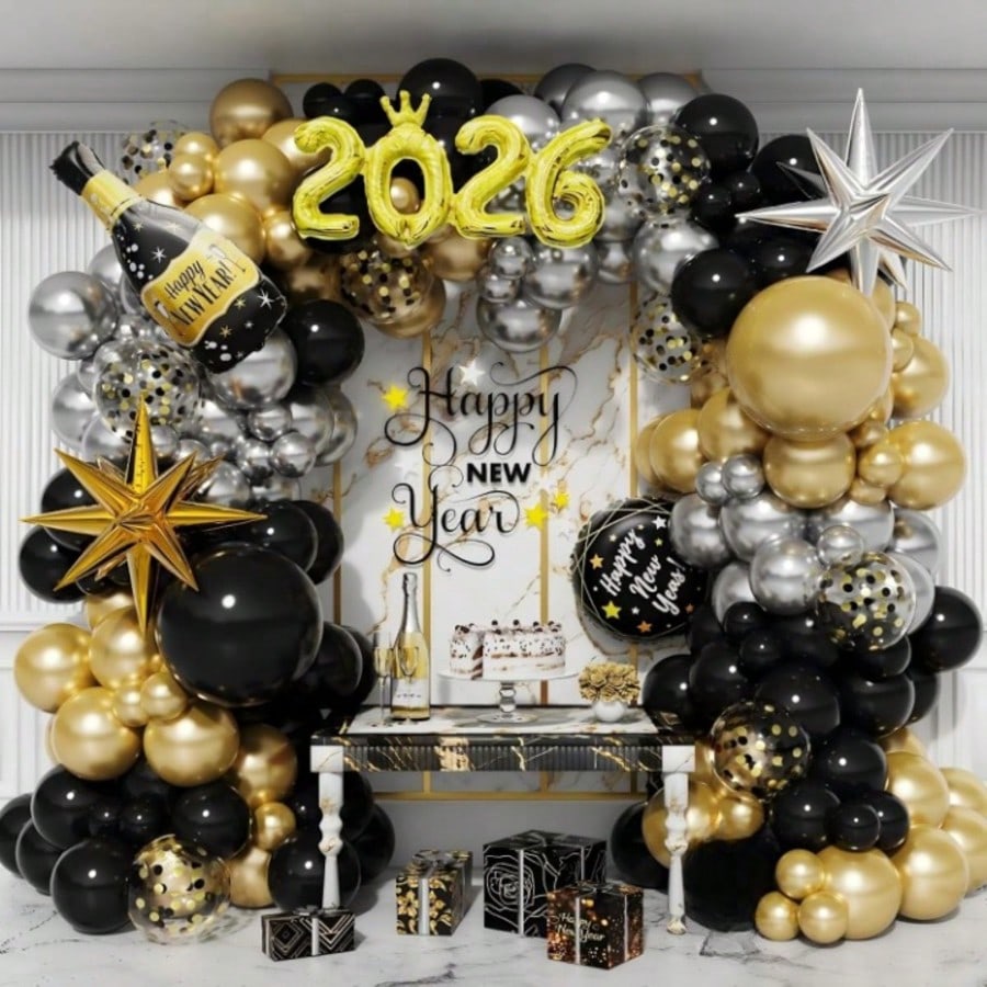 134-Piece New Year Balloon Arch Kit in Black Gold Silver with Foils