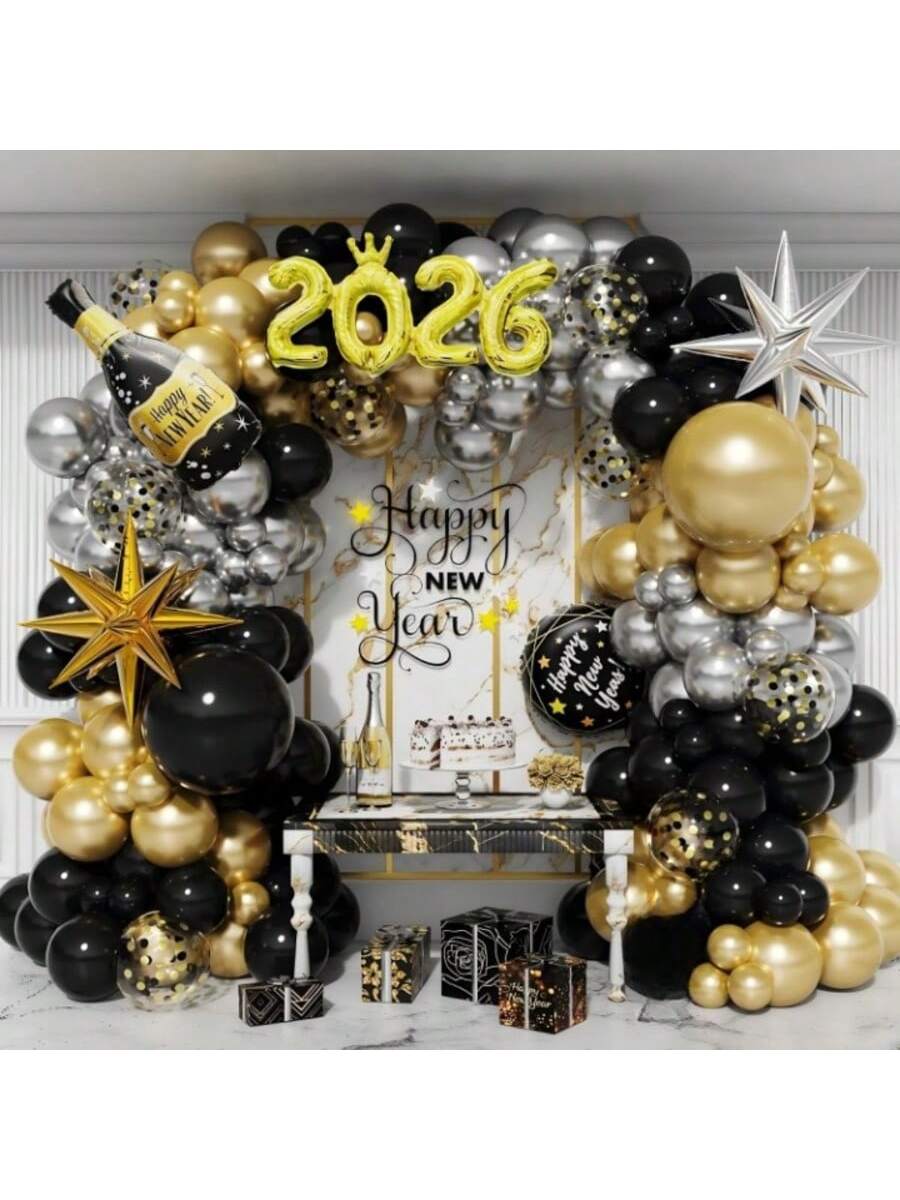 134-Piece New Year Balloon Arch Kit in Black Gold Silver with Foils