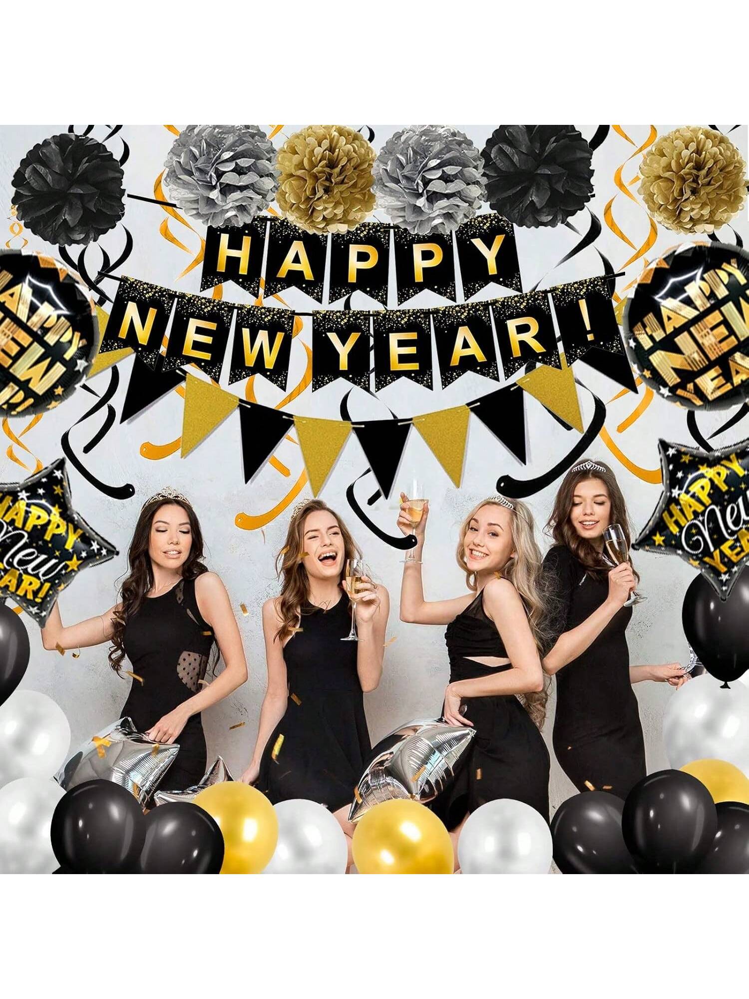 Black and Gold Happy New Year Decoration Kit with Banner, Streamers, and Balloons